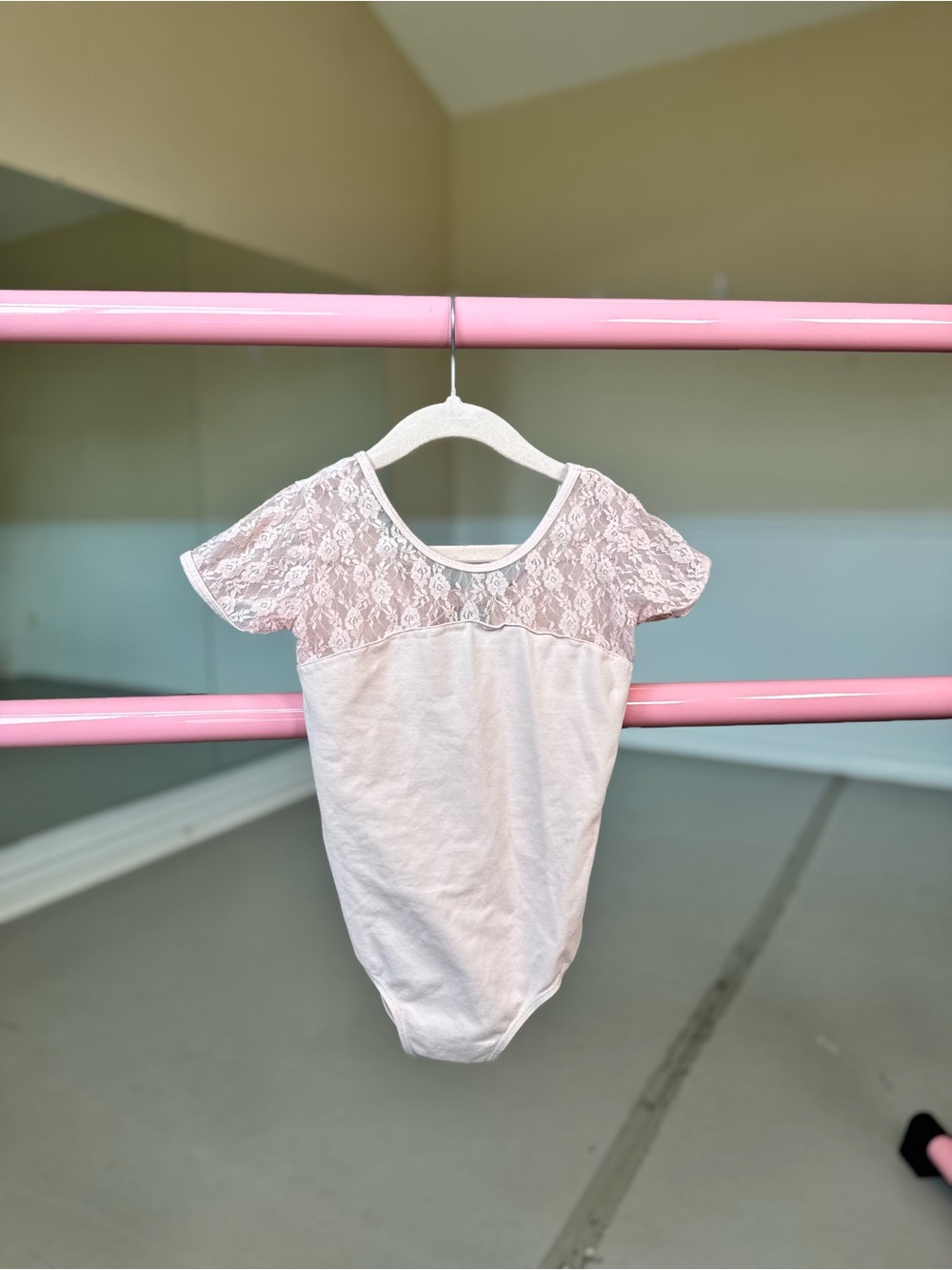 Girls Pink Lace Yoke Short Sleeve Leotard